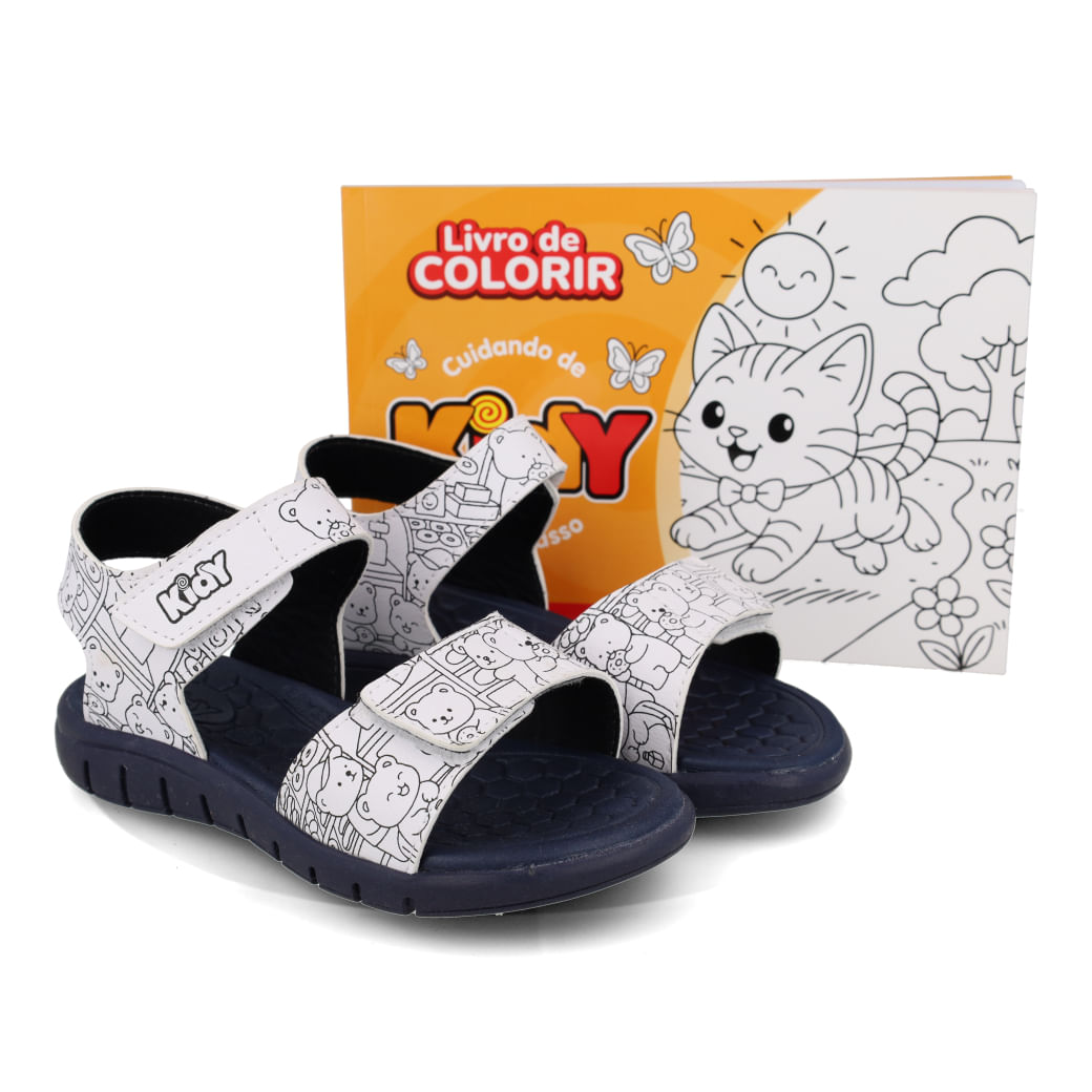 Sandália papete infantil Kidy branca com detalhes azul marinho, fechamento em velcro e solado antiderrapante azul